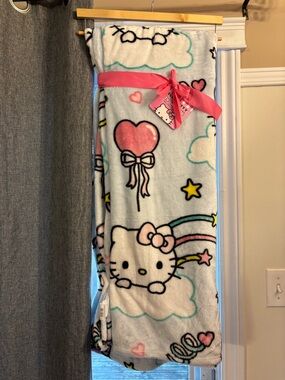 Hello Kitty Blue & White Plush Blanket with Rainbows